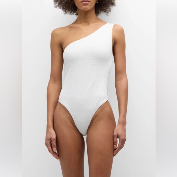 BALMAIN***White Monogram One-Shoulder One-Piece Swimsuit***Small $620 - Picture 1 of 12